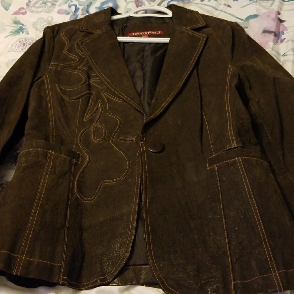 Brown Suede jacket with orange threads